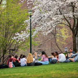 Students on the lawn in the spring