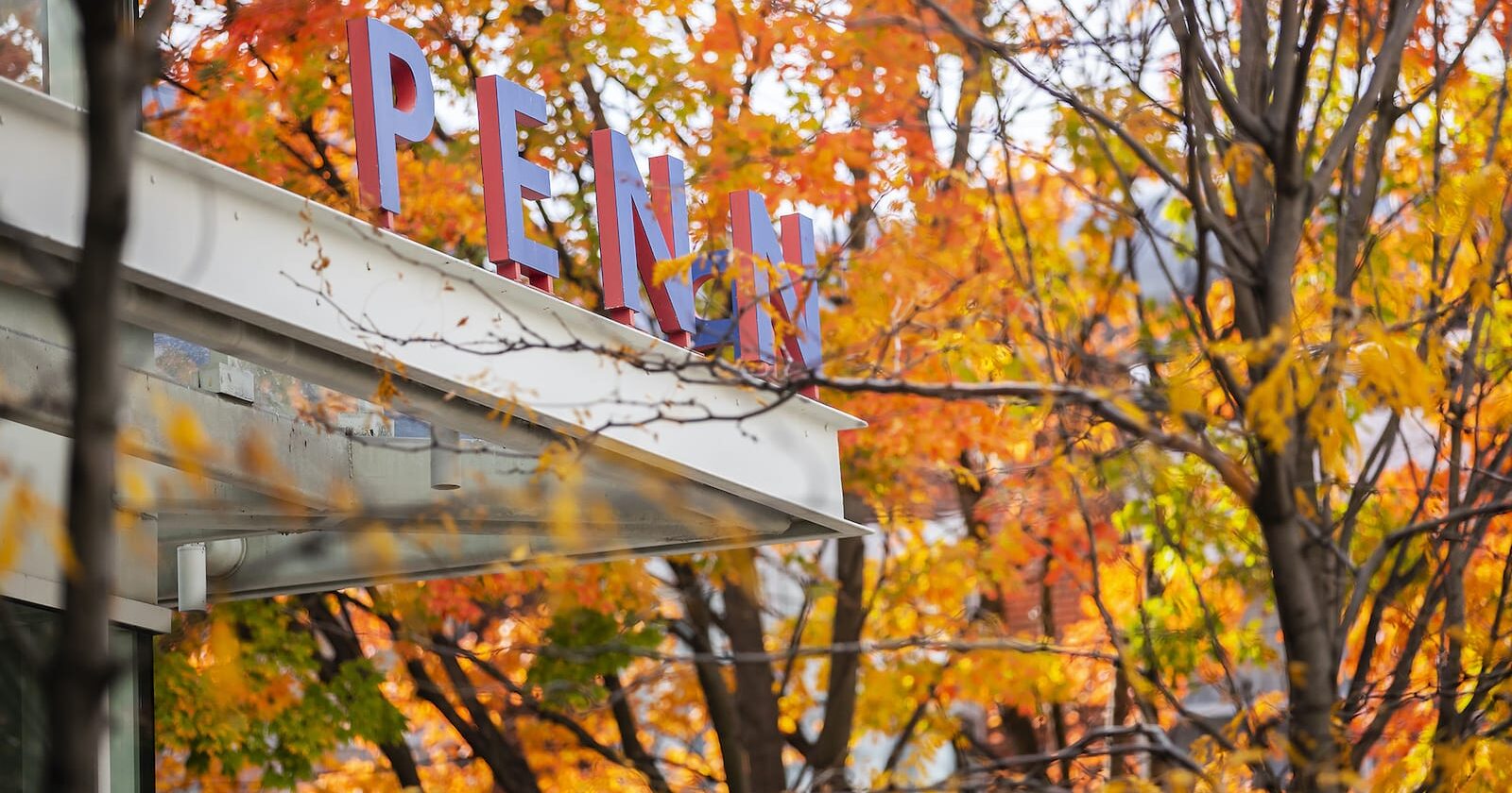 Building with Penn sign in the midst of autumn scenery