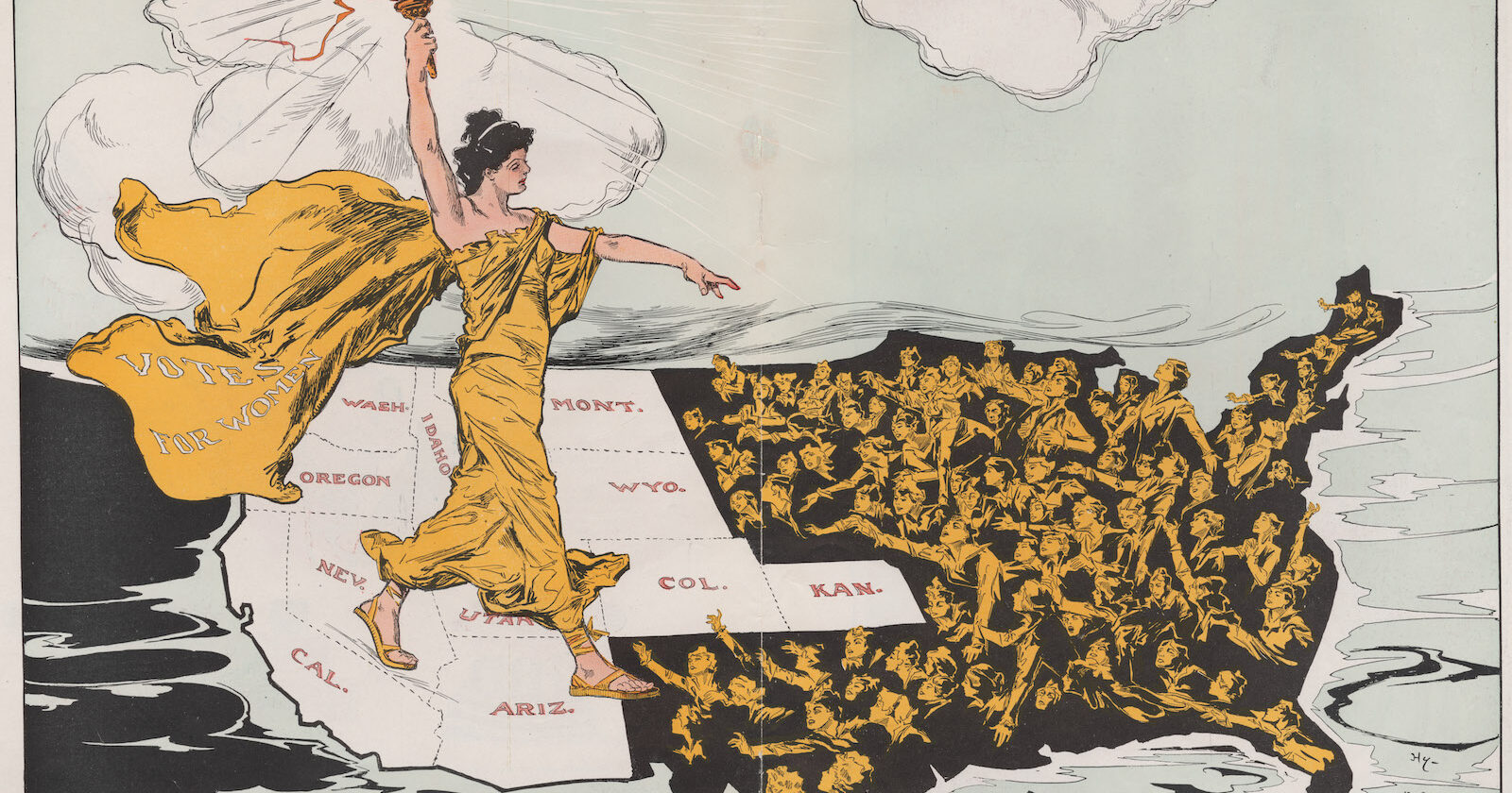 Lady Liberty, wearing a cape labeled "Votes for Women," stands astride the states (colored white) that had adopted suffrage.