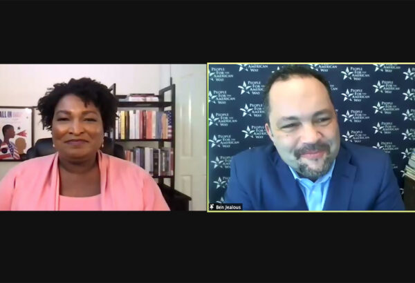 Zoom screen shot of Stacey Abrams and Ben Jealous