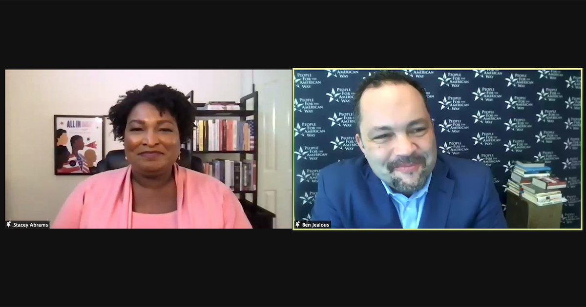 Zoom screen shot of Stacey Abrams and Ben Jealous