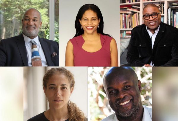 Zoom screenshot of event panelists, Herman Beavers, Natalie Crawford, Guthrie Ramsey, Deborah Thomas, and Tukufu Zuberi