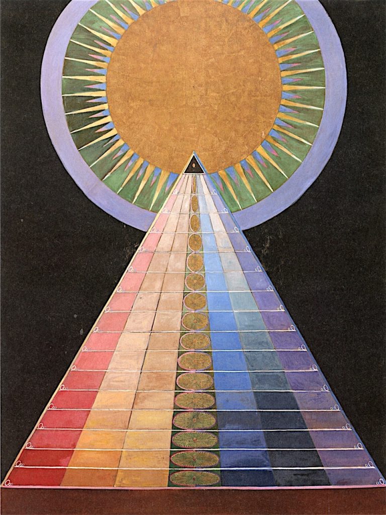Painting of a pyramid of different pastel colored squares intersections with a circle featuring a sun like creation Hilma af Klint’s “Altarpiece, No. 1.” from 1915.