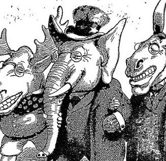 cartoon illustration of three political parties with a moose, elephant and donkey