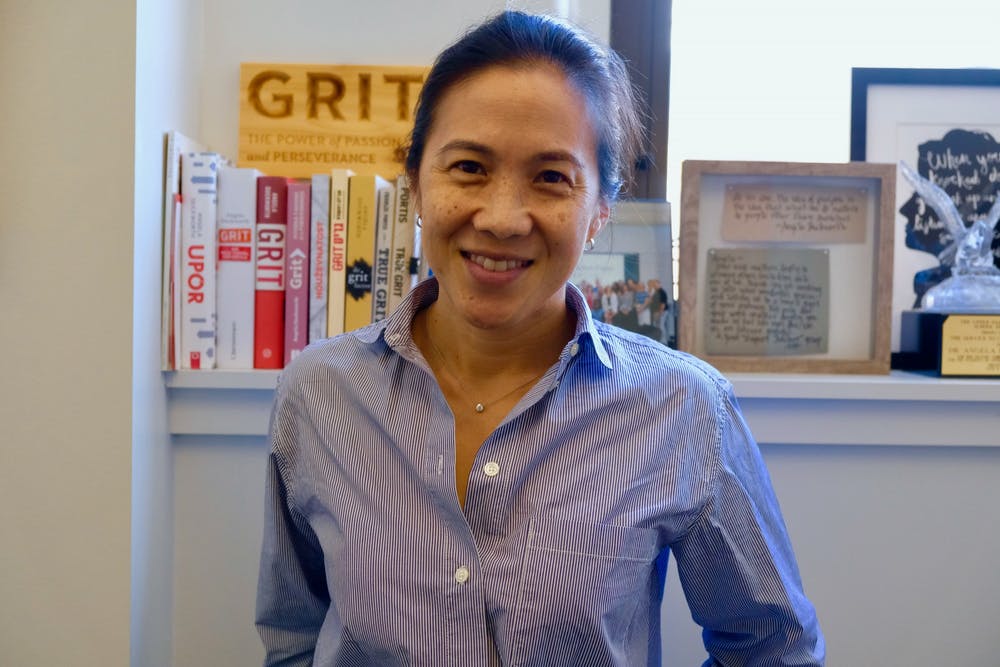 This is a headshot of Angela Duckworth in her office.