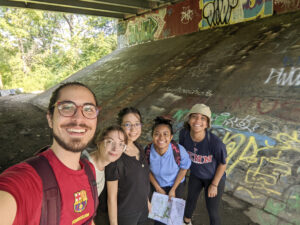 Anna Balfanz, Ayana Shirai, Mya Gordon and Yasmin Abdul Razak along the banks of Cobbs Creek