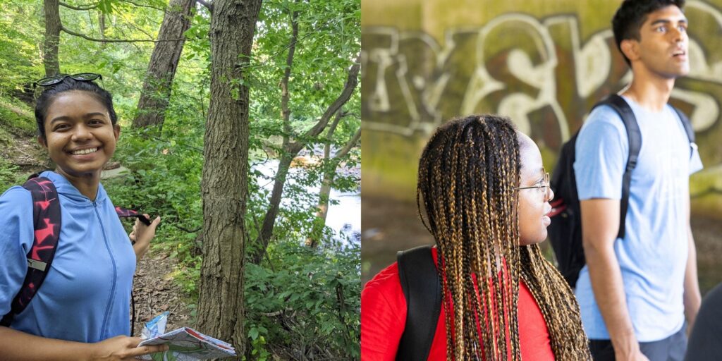 Yasmin Abdul Razak near Cobbs Creek at left, at right Jane Muni and Tanay Chandak at the Heinz Wildlife Refuge under I-95.