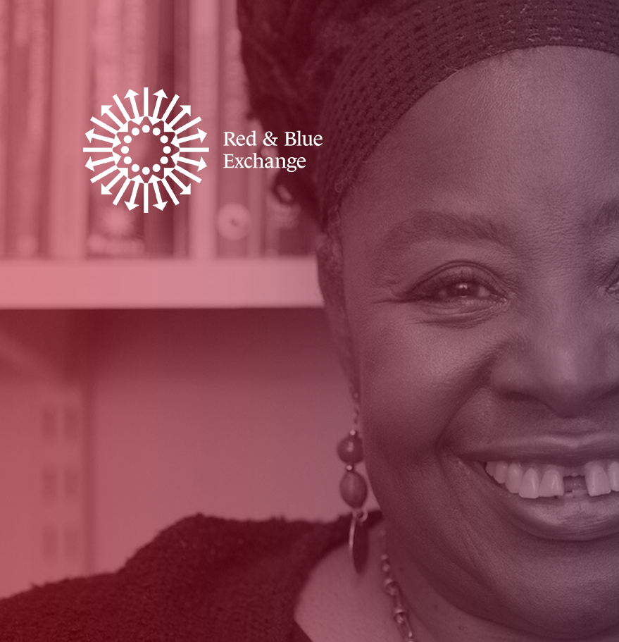 headshot of Loretta Ross with red to blue gradient overlay