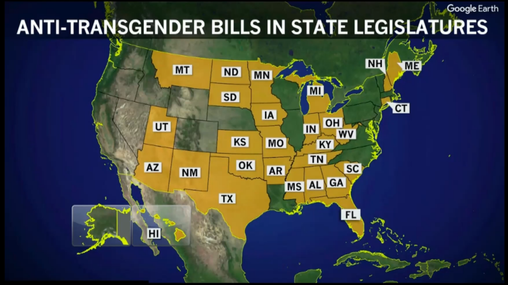 Map of the United States showing states with anti-transgender bills in state legislature
