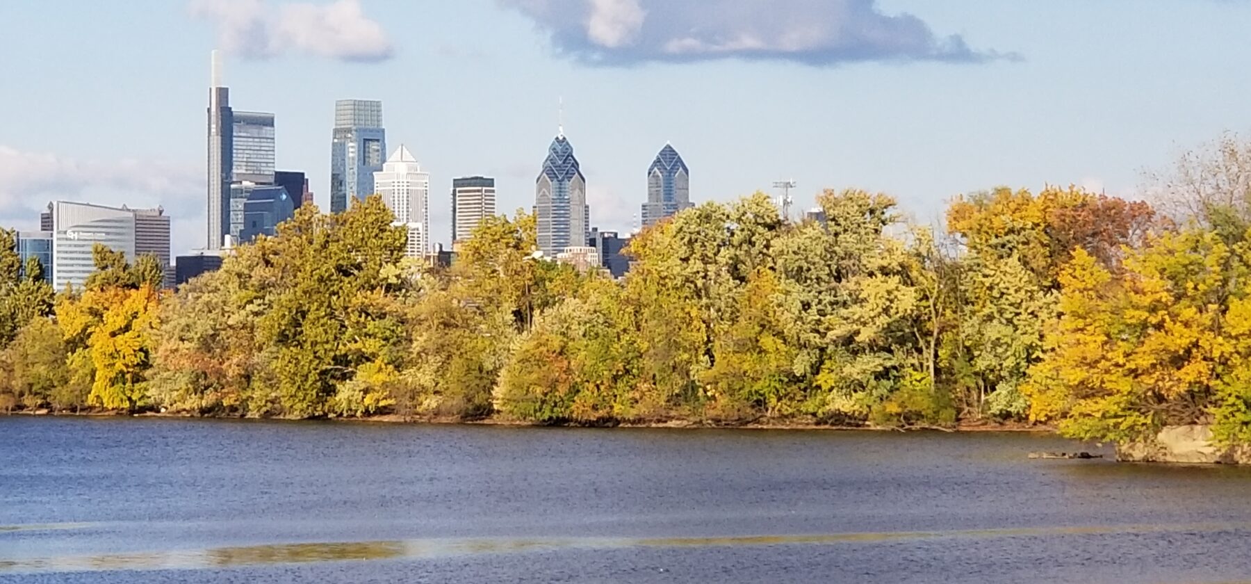 The Schuylkill River looking north towards the Philadelphia skyline.