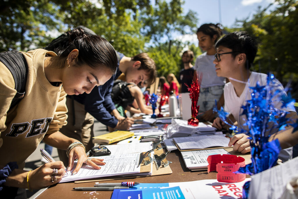 Members of Penn Leads the Vote celebrated National Voter Registration Day on Locust Walk in September assisting the Penn community in registering to vote, checking their registration status, and submitting mail-in ballot requests.