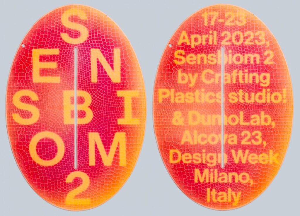 Orange and red graphic for Sensbiom2, 17-23, April 2023. Sensbiom2 b Crafting Plastics studio! & DumoLab, Alcova23, Design Week Milano, Italy