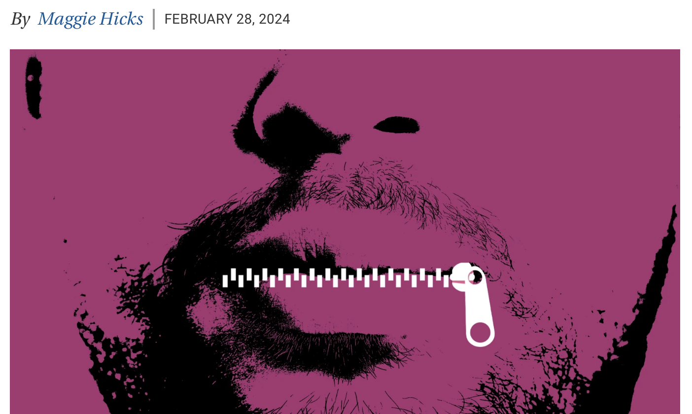 Title of article with illustration below showing the lower portion of a man's face in a deep monochrome pink color with a white zipper on his lips