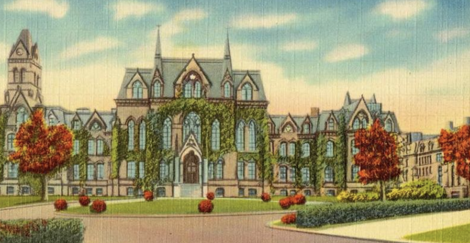 Archival illustration in full color of college campus in bloom with historic old building covered in ivy