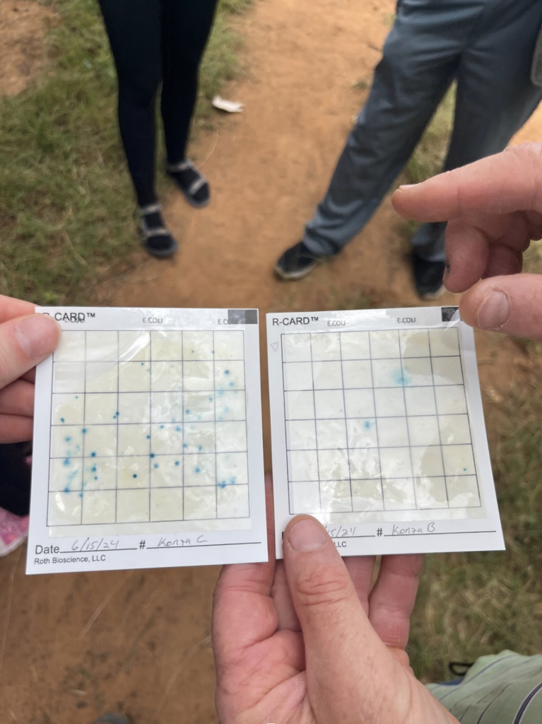 hands holding laminated papers showing positive E. Coli tests.