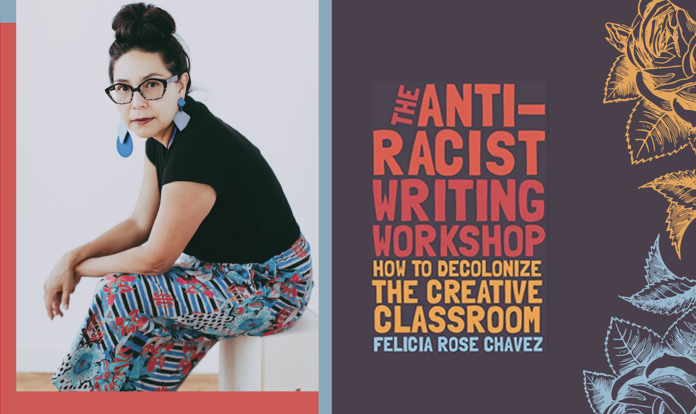 headshot on left of woman with dark hair seated on stool facing sideways looking at camera wearing black shirt, long blue earrings, and blue, black and red pattern pants. Image to the right is of book jacket with colorful title in orange, red, yellow, and blue again brown background with yellow and blue flowers