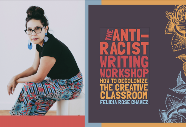 headshot on left of woman with dark hair seated on stool facing sideways looking at camera wearing black shirt, long blue earrings, and blue, black and red pattern pants. Image to the right is of book jacket with colorful title in orange, red, yellow, and blue again brown background with yellow and blue flowers