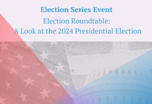 banner with title of event that is part of a series on the election with light blue, pink, red, blue, and purple