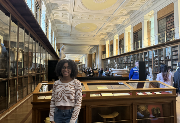 student in London museum standing in front of displays