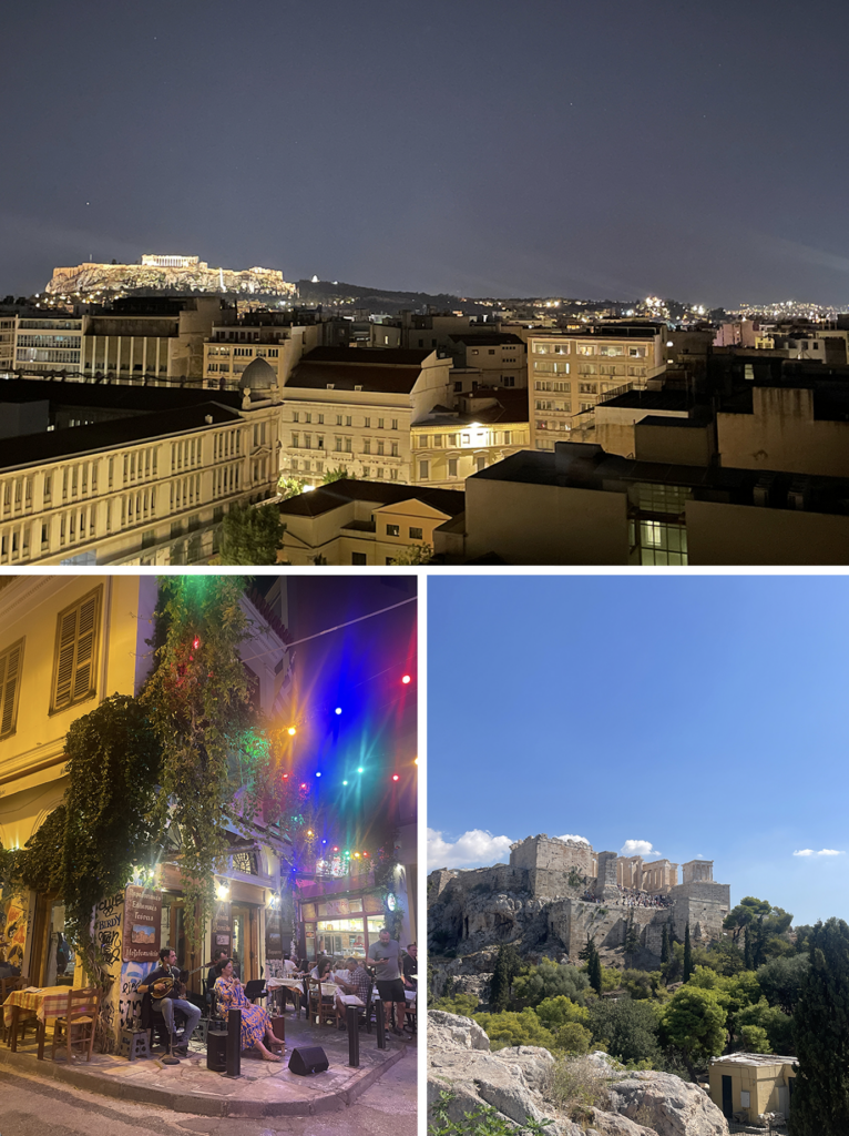 composite of three full color images of scenes in Athens, Greece