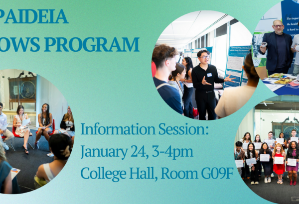 Banner image in blue and green with photos of students promoting information session to apply for fellows program