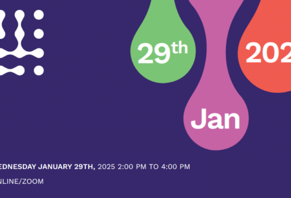 Event banner with January 29, 2025 date, purple background and droplet like shapes in green pink and orange with white text and logo