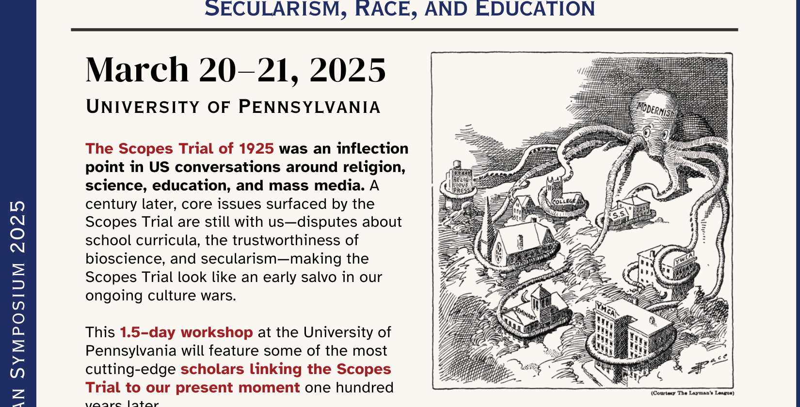 save the date for March 20-21 symposium on the Scopes Trial with a black and white illustration, a political cartoon of an octopus wrapping its tentacles around buildings