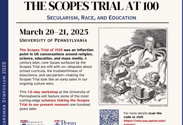 save the date for March 20-21 symposium on the Scopes Trial with a black and white illustration, a political cartoon of an octopus wrapping its tentacles around buildings