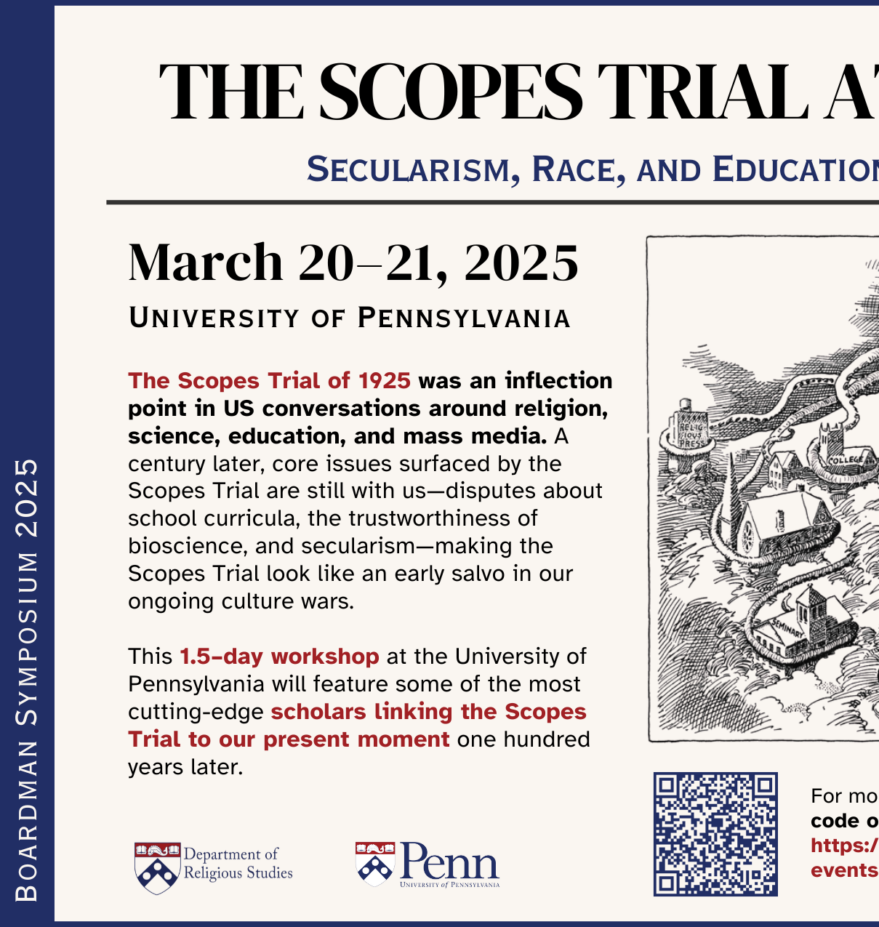 save the date for March 20-21 symposium on the Scopes Trial with a black and white illustration, a political cartoon of an octopus wrapping its tentacles around buildings