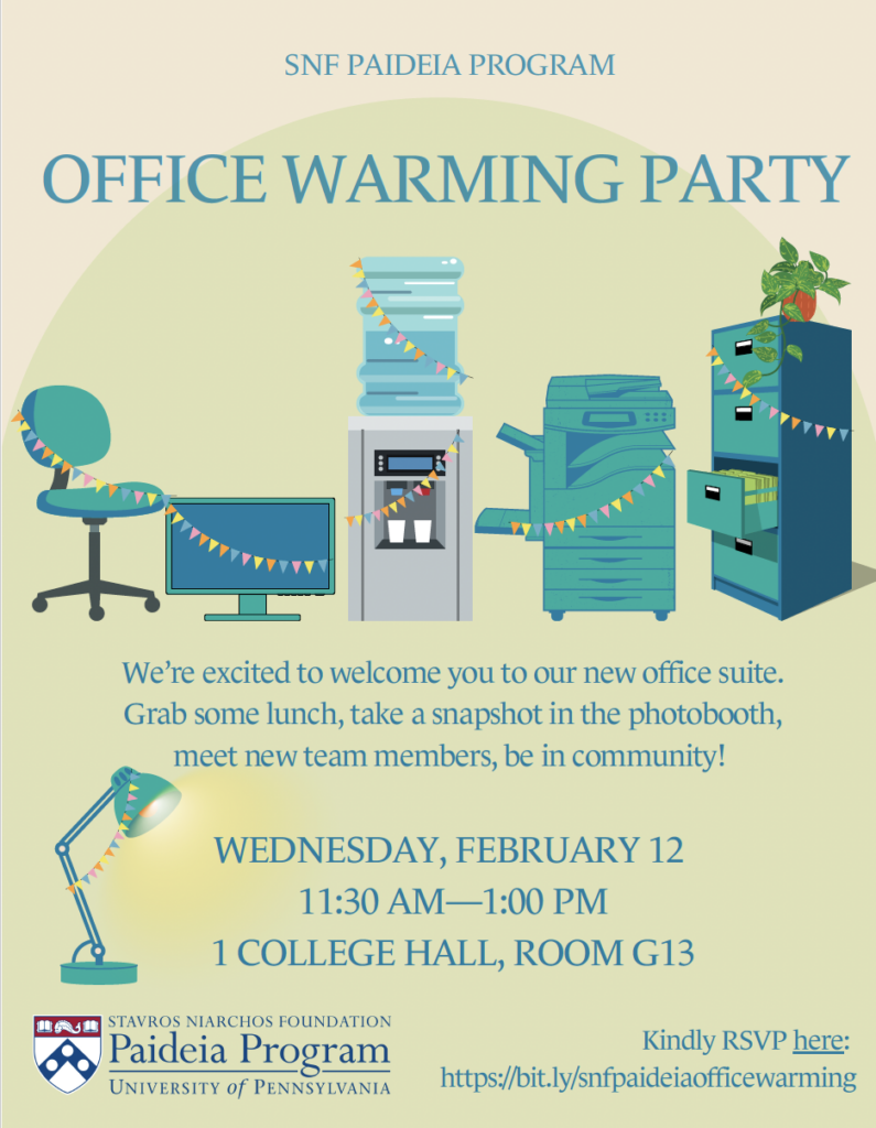 Flyer to promote office warming party with office furniture in colors of blues and greens