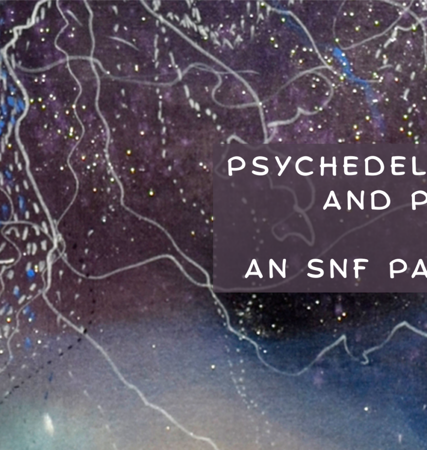 Banner image for upcoming event with purples, silver and pink psychedilic colors