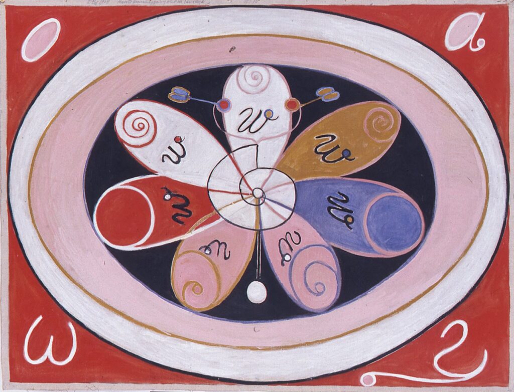 Painting of a white circle with a pink interior circle and flower like abstract petals in red, yellow, blue, white and pink against a rust color background with accent shapes at each corner