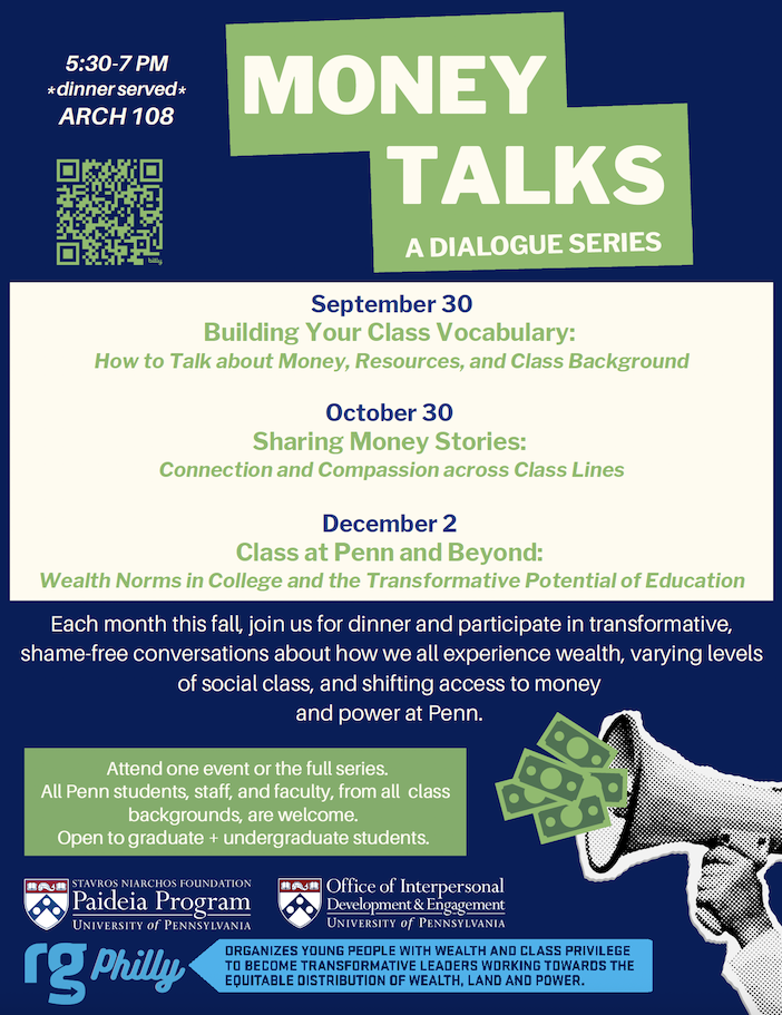 flyer for Money Talks event with colors in blue, lime green, and cream