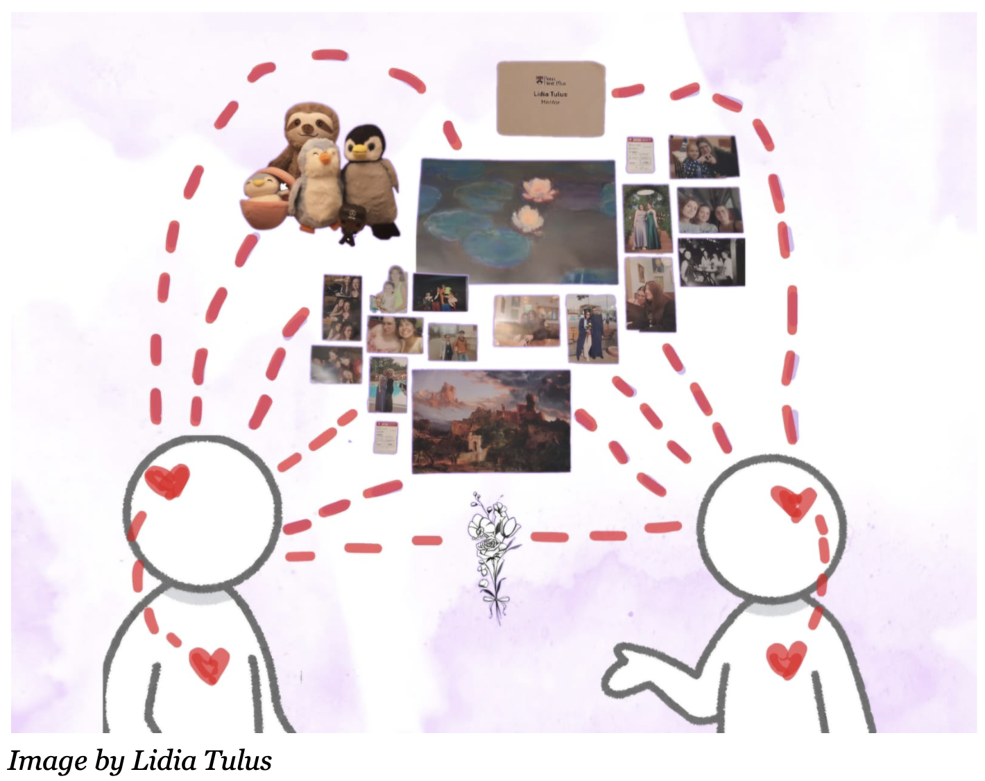 illustration with two drawn figures with a collage of photos connected by dotted lines coming from both heads as if to show what both figures are thinking