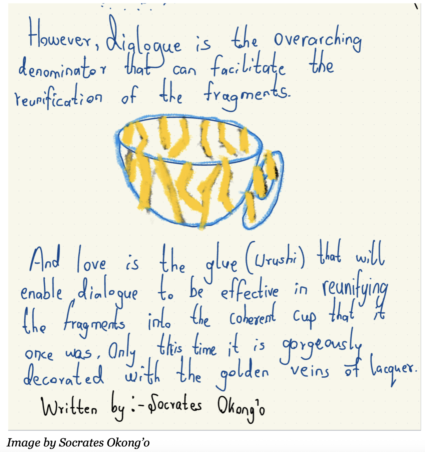 image of cup with yellow pattern and light blue outline and blue handwriting