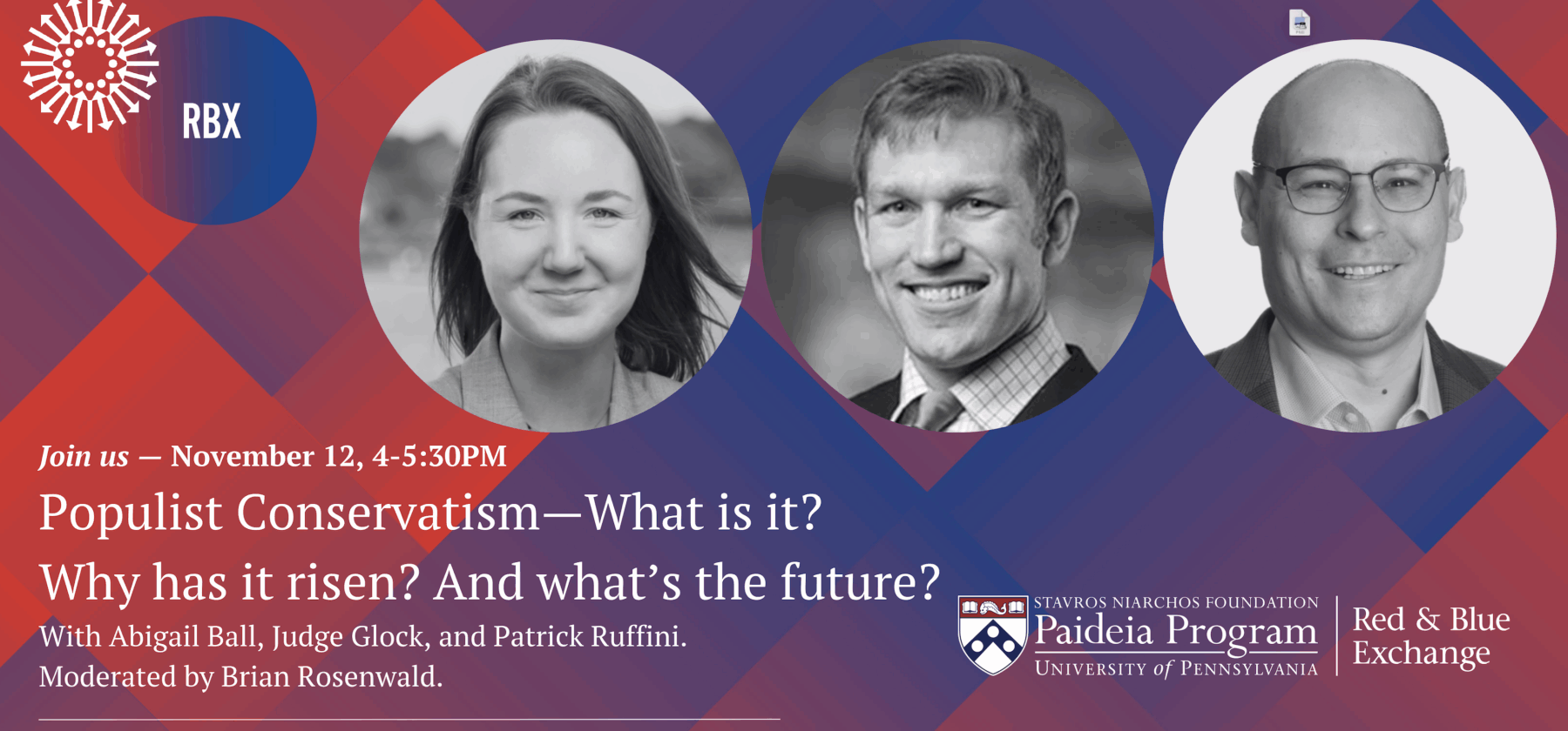 program banner image for Populist Conservatism with headshots of three speakers