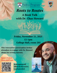 flyer for book talk with colors teal and peach