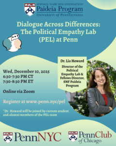 banner image for alumni Political Empathy Lab event on zoom with colors in teal and light green with text