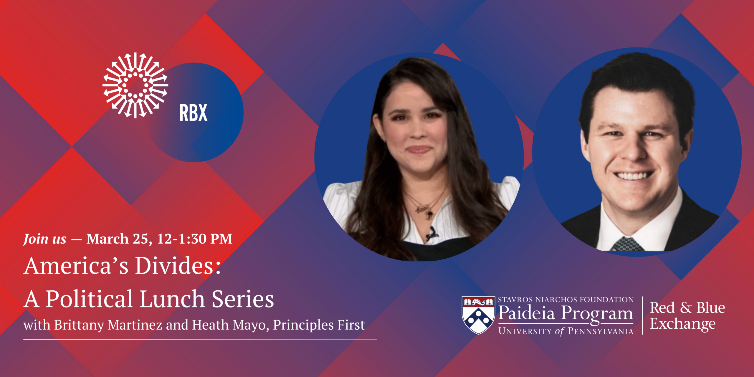 banner image for Red and Blue Exchange event with headshots of speakers